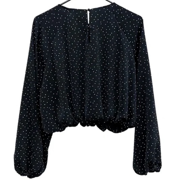 H&M Black White Polka Dot Bubble Hem Long Sleeve Cropped Blouse Top Size M - Picture 2 of 2
